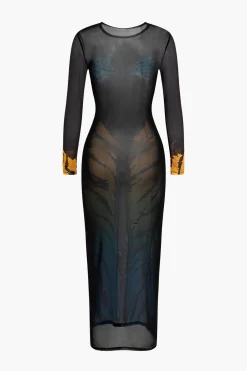 MICAS Long Sleeve Dresses|Midi Dresses-Tiger Print Mesh Sheer Round Neck Midi Dress BLACK