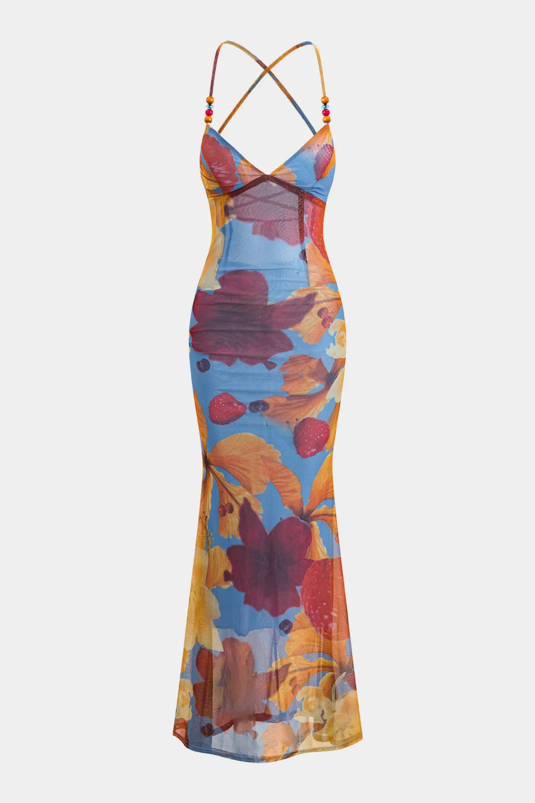 MICAS Maxi Dresses-Tropical Floral Print Mesh Backless Maxi Dress MULTICOLOR