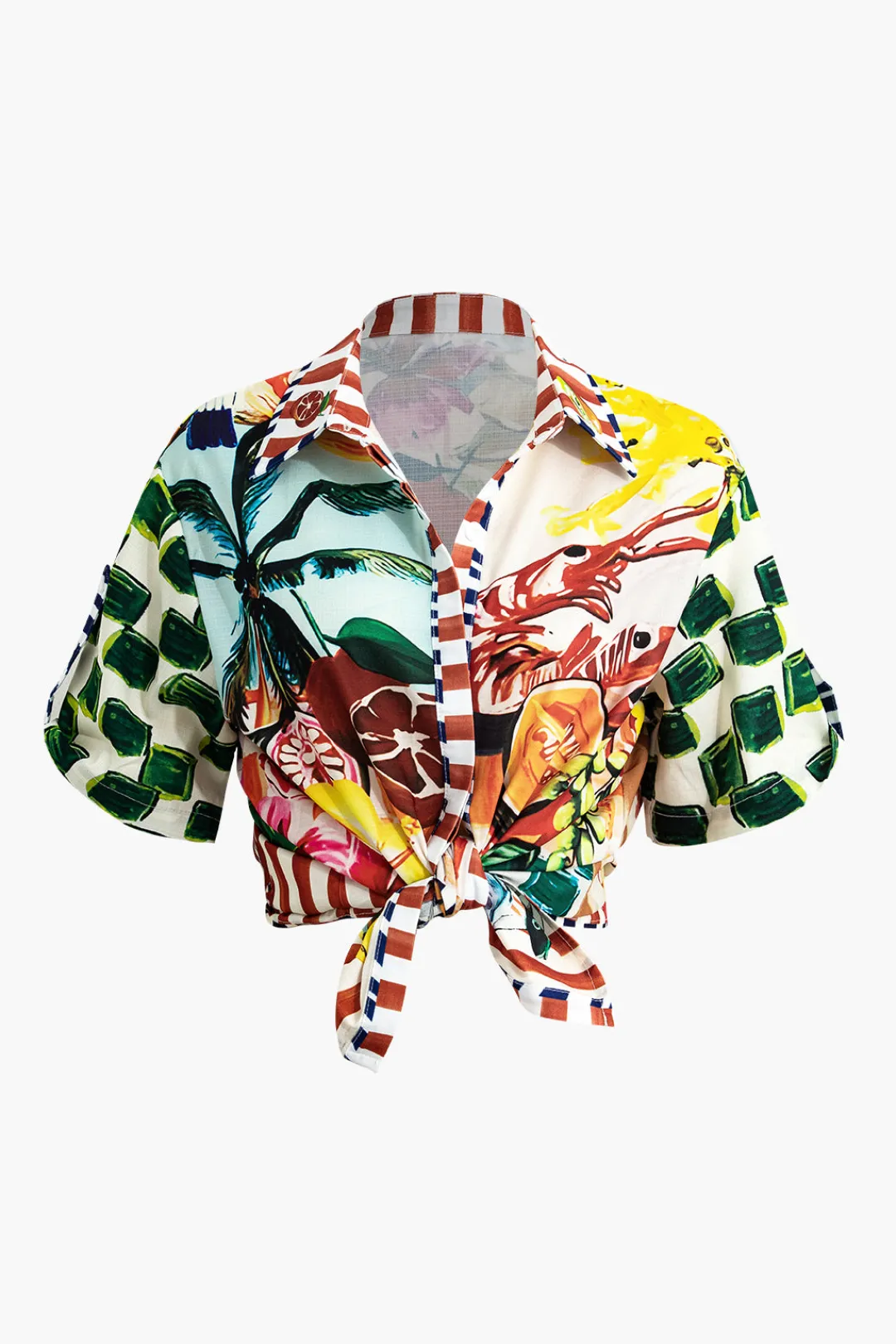 MICAS Blouses & Shirts-Tropical Print Tie Front Crop Shirt MULTICOLOR