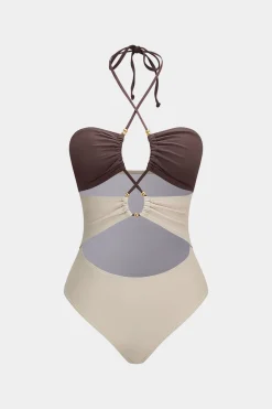 MICAS Swimwear-Tummy Control Contrast Halter Cut Out Swimwear And Twist Cover Up Set IVORY