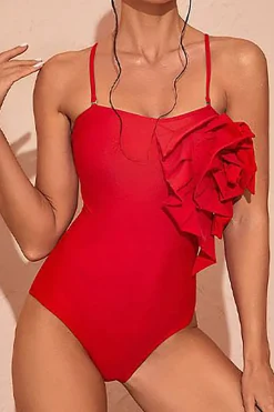 MICAS Swimwear-Tummy Control 3D Flower Cami One-piece Swimsuit RED