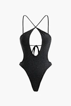 MICAS Swimwear-Tummy Control Rhinestone Embellished Tie Back One-Piece Swimsuit BLACK