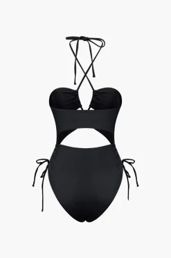 MICAS Swimwear-Tummy Control Solid Halter Tie Cut Out One-piece Swimsuit BLACK