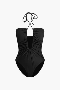 MICAS Swimwear-Tummy Control Tie Halter Ruched One-Piece Swimsuit