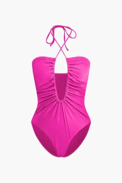 MICAS Swimwear-Tummy Control Tie Halter Ruched One-Piece Swimsuit