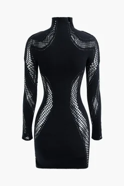 MICAS Long Sleeve Dresses|Mini Dresses-Turtleneck Cut Out Long Sleeve Mini Dress BLACK