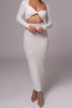 MICAS Skirt Sets-Twist Cut Out Long Sleeve Top And Skirt Set WHITE