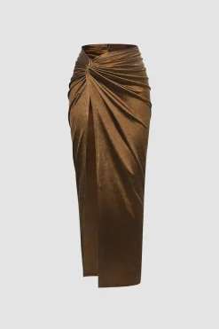 MICAS Skirts-Twist Detail High Slit Midi Skirt