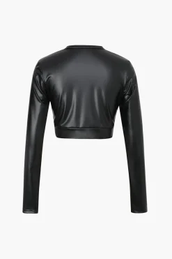 MICAS Long Sleeve Tops|Long Sleeves Tops-Twist Hem Faux Leather Long Sleeve Top BLACK