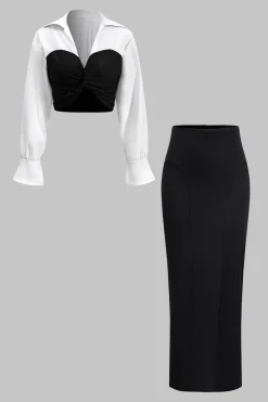 MICAS Skirt Sets-Twist Knot Patchwork Long Sleeve Shirt And Skirt Set BLACK