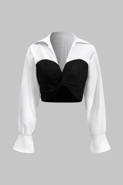 MICAS Skirt Sets-Twist Knot Patchwork Long Sleeve Shirt And Skirt Set BLACK