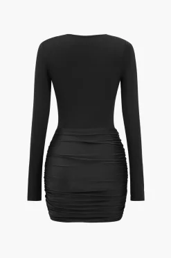 MICAS Long Sleeve Dresses|Mini Dresses-Twist Knot Satin Patchwork Mini Dress