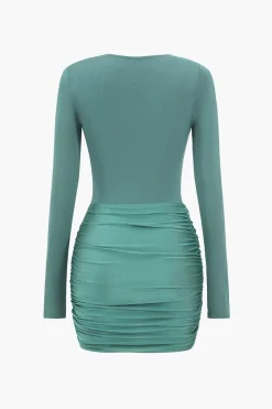 MICAS Long Sleeve Dresses|Mini Dresses-Twist Knot Satin Patchwork Mini Dress