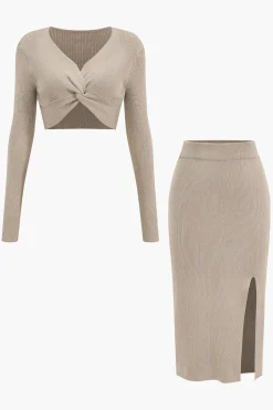 MICAS Skirt Sets-Twist Knot V-Neck Long-Sleeve Top And Side Slit Skirt Set KHAKI