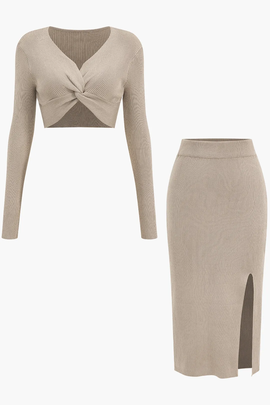 MICAS Skirt Sets-Twist Knot V-Neck Long-Sleeve Top And Side Slit Skirt Set KHAKI