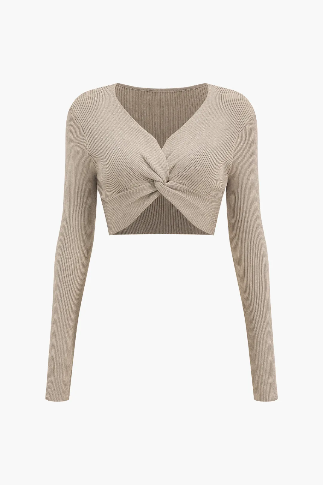 MICAS Skirt Sets-Twist Knot V-Neck Long-Sleeve Top And Side Slit Skirt Set KHAKI