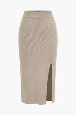 MICAS Skirt Sets-Twist Knot V-Neck Long-Sleeve Top And Side Slit Skirt Set KHAKI