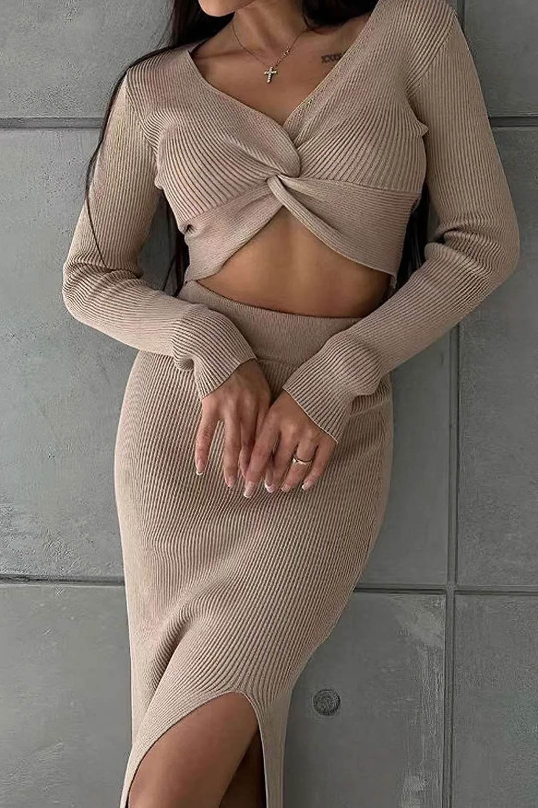 MICAS Skirt Sets-Twist Knot V-Neck Long-Sleeve Top And Side Slit Skirt Set KHAKI