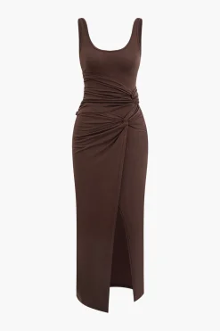MICAS Midi Dresses-Twist Ruched Slit Sleeveless Midi Dress COFFEE