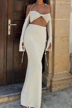 MICAS Skirt Sets|Vacation Sets-Twist Tie Halter Long Sleeve Bra Top And Maxi Skirt Set