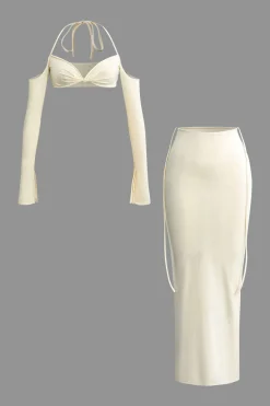 MICAS Skirt Sets|Vacation Sets-Twist Tie Halter Long Sleeve Bra Top And Maxi Skirt Set