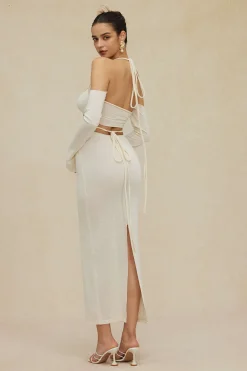 MICAS Skirt Sets|Vacation Sets-Twist Tie Halter Long Sleeve Bra Top And Maxi Skirt Set