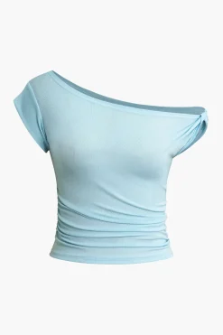 MICAS T-Shirts-Twisted Asymmetrical Short Sleeve T-shirt LIGHT CYAN