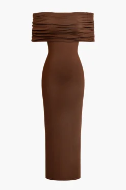 MICAS Maxi Dresses-Twisted Backless Off Shoulder Maxi Dress BROWN