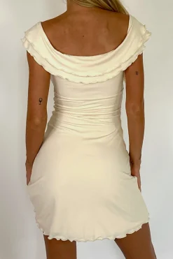 MICAS Mini Dresses-Twisted V-Neck Scallop Edge Mini Dress BEIGE