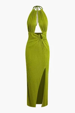 MICAS Maxi Dresses-U-Ring Detail Halter Slit Backless Maxi Dress GREEN