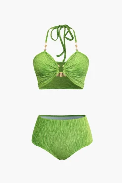 MICAS Swimwear-U-ring Front Tie Halter 3-Piece Set GREEN