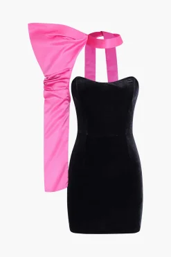 MICAS Mini Dresses-Velvet One Shoulder Mini Dress BLACK