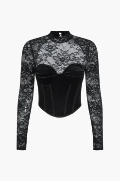 MICAS Long Sleeve Tops|Long Sleeves Tops-Velvet Patchwork Corset Backless Long-Sleeve Top BLACK