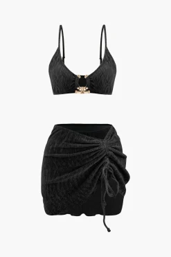 MICAS Swimwear|Vacation Sets-Velvet Textured U-ring Bikini And Sarong 3pc Set