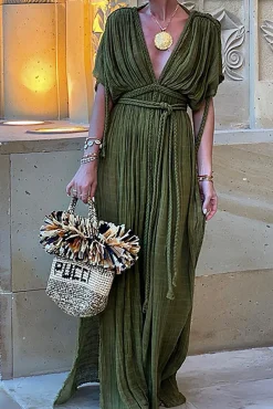 MICAS Maxi Dresses-V-Neck Backless Slit Maxi Dress