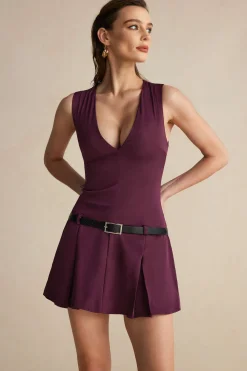 MICAS Mini Dresses-V-neck Belted Mini Dress BURGUNDY