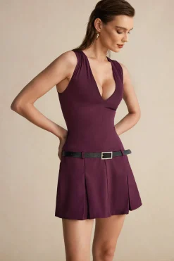 MICAS Mini Dresses-V-neck Belted Mini Dress BURGUNDY
