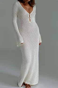 MICAS Long Sleeve Dresses|Knitwear-V-neck Crochet Open Knit Long Sleeve Maxi Dress WHITE