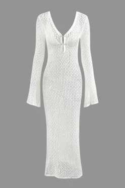 MICAS Long Sleeve Dresses|Knitwear-V-neck Crochet Open Knit Long Sleeve Maxi Dress WHITE