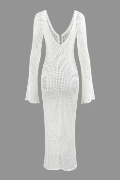 MICAS Long Sleeve Dresses|Knitwear-V-neck Crochet Open Knit Long Sleeve Maxi Dress WHITE