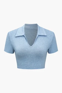 MICAS Short Sets-V-neck Cropped Top And Double Waistband Shorts Set POWDER BLUE