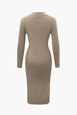 MICAS Knitwear|Knit Dresses-V-Neck Long Sleeve Mid-Length Sweater Dress
