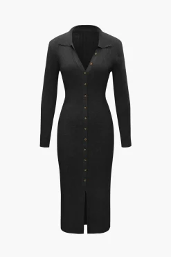 MICAS Knitwear|Knit Dresses-V-Neck Long Sleeve Mid-Length Sweater Dress