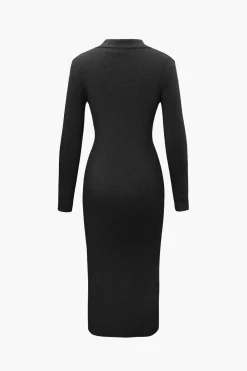 MICAS Knitwear|Knit Dresses-V-Neck Long Sleeve Mid-Length Sweater Dress