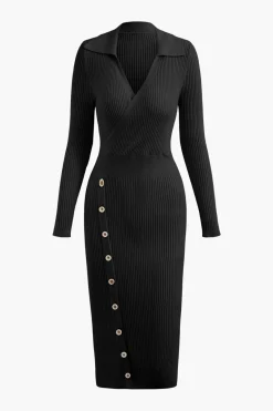 MICAS Knitwear|Long Sleeve Dresses-V-neck Rib Knit Collar Button Long Sleeve Midi Dress