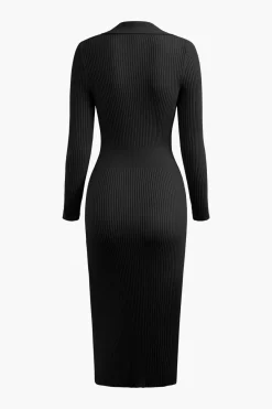 MICAS Knitwear|Long Sleeve Dresses-V-neck Rib Knit Collar Button Long Sleeve Midi Dress