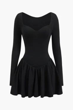 MICAS Long Sleeve Dresses|Mini Dresses-V-Neck Ruched Long Sleeve Mini Dress BLACK