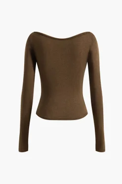 MICAS Long Sleeve Tops|Long Sleeves Tops-V-Neck Ruched Long-Sleeve Top BROWN