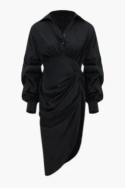 MICAS Long Sleeve Dresses|Mini Dresses-V-Neck Ruched Slit Midi Dress