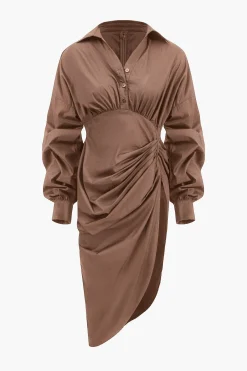 MICAS Long Sleeve Dresses|Mini Dresses-V-Neck Ruched Slit Midi Dress
